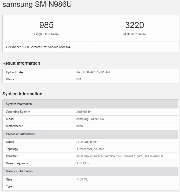 Samsung Galaxy Note 20+ замечен в базе Geekbench с новым чипом Snapdragon 865 Plus