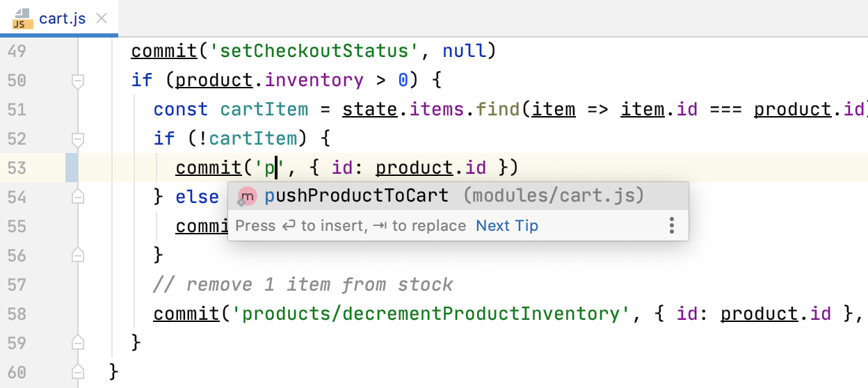 WebStorm 2020.1: улучшения в интерфейсе, поддержка Vuex и запуск Prettier при сохранении файлов - 6 vuex-completion