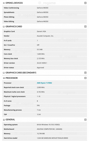 В ноутбуке Asus Zenbook 14 (UX434IQ) процессор AMD Ryzen 7 4700U будет дополнен видеокартой Nvidia GeForce MX350
