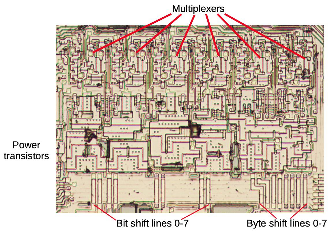 Анализ кристалла сдвигового регистра у математического сопроцессора 8087 - 10 Анализ кристалла сдвигового регистра у математического сопроцессора 8087 - 10
