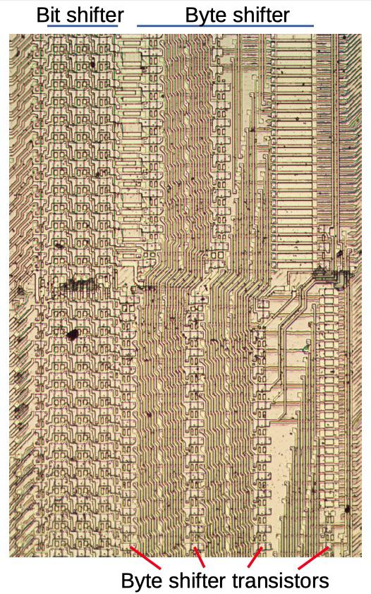 Анализ кристалла сдвигового регистра у математического сопроцессора 8087 - 9 Анализ кристалла сдвигового регистра у математического сопроцессора 8087 - 9