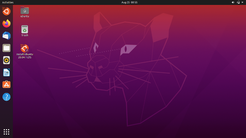 Рабочий стол Ubuntu 20.04 сразу после загрузки в live-режиме