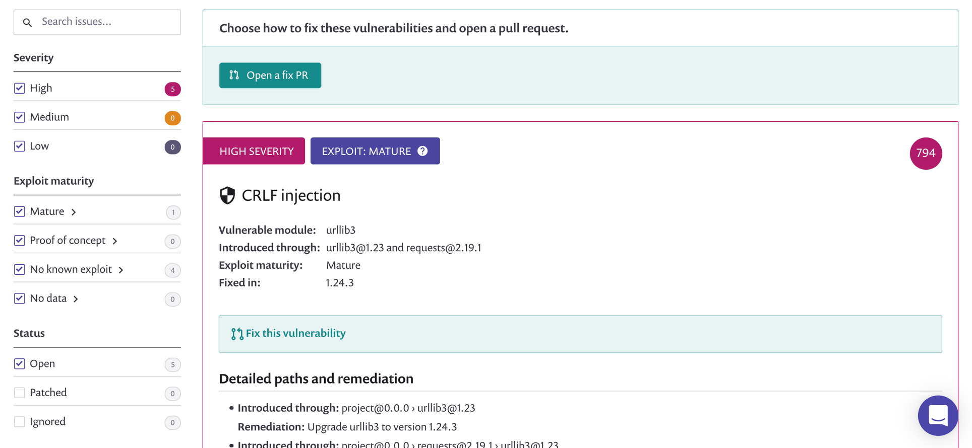 Скриншот из SaaS-платформы Snyk open-source для Python-проекта