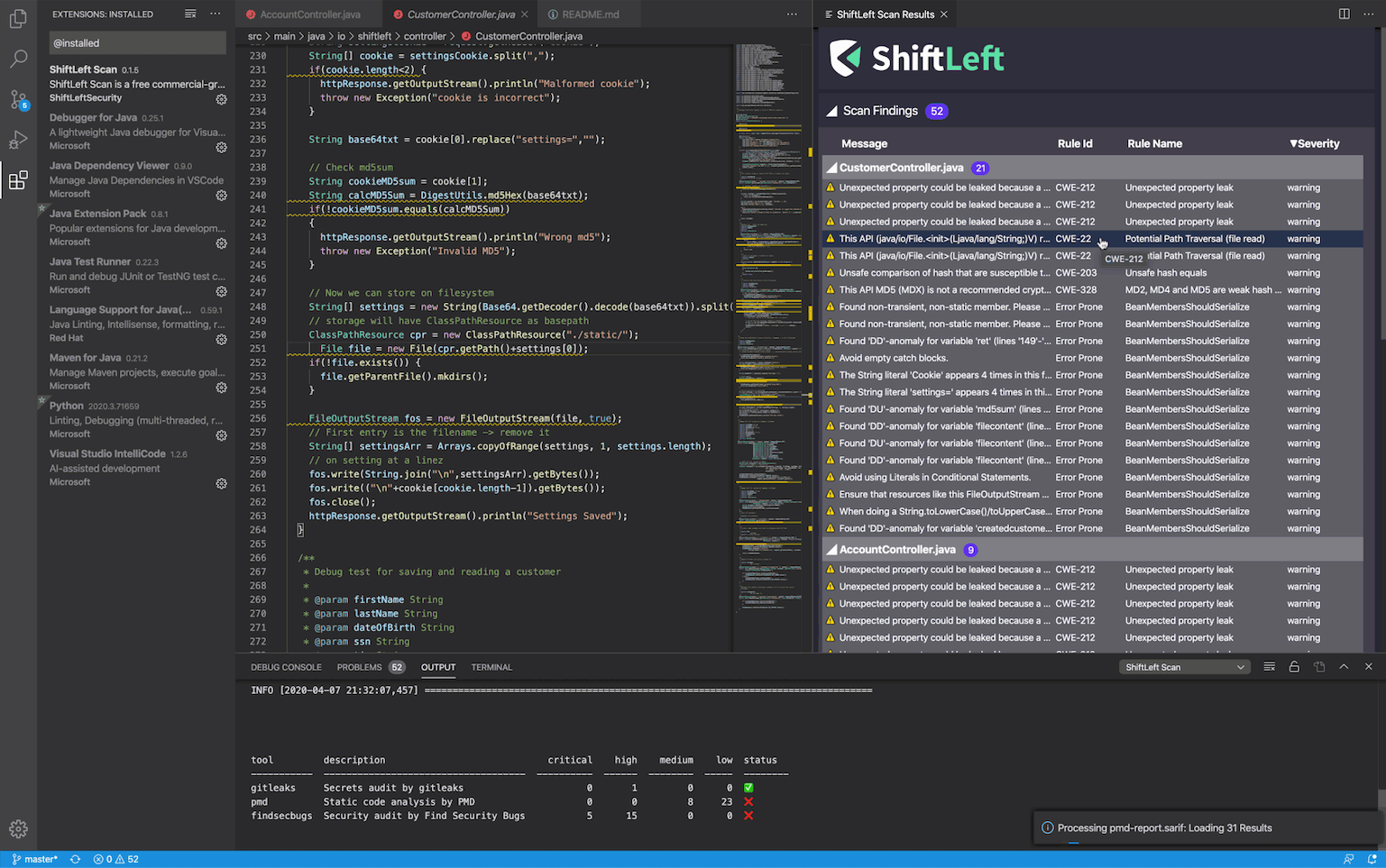 Пример интеграции с VS Code для ShiftLeft
