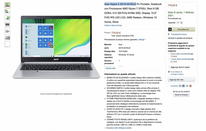 Ryzen 5000 уже в ноутбуках. Acer Aspire 5 A515 на Ryzen 7 5700U оценен в 780 евро