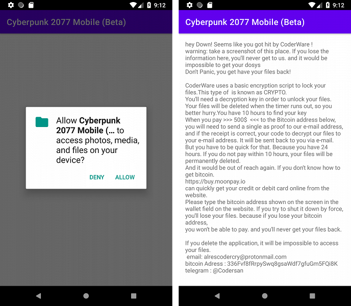 Вместо мобильного Cyberpunk 2077 шифровальщик-вымогатель: подробности о маскирующихся под игровой хит зловредах - 3 Вместо мобильного Cyberpunk 2077 шифровальщик-вымогатель: подробности о маскирующихся под игровой хит зловредах