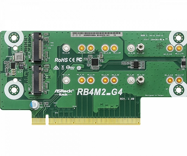 Карта расширения ASRock Rack RB4M2_G4 позволяет подключить в слот PCIe 4.0 до четырех SSD типоразмера M.2 