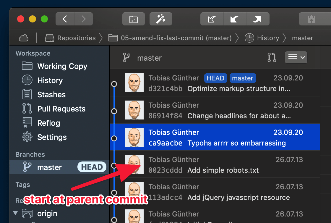 Начинаем с родительского коммита