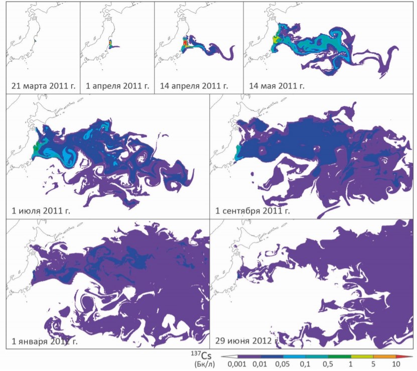 Моделирование распространения Cs-137 от АЭС в океане. Видно, как быстро океан его разбавляет.