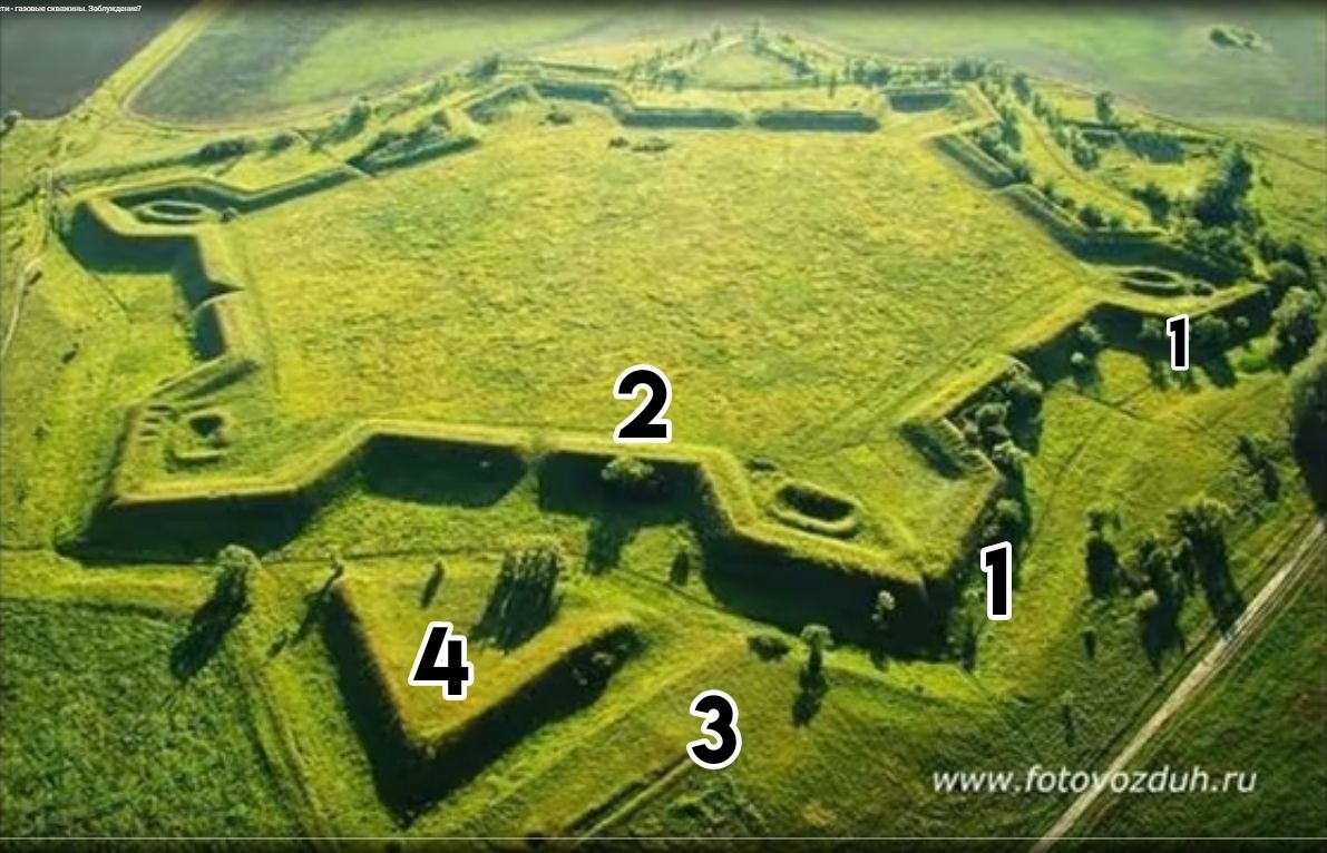 Устройство Звезды Смерти: 1 - бастионы, 2 - куртина, 3 - остатки гласиса, 4 - равелин Устройство Звезды Смерти: 1 - бастионы, 2 - куртина, 3 - остатки гласиса, 4 - равелин