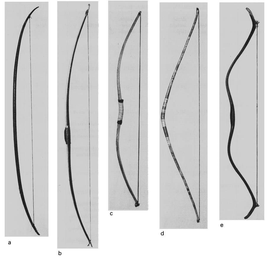 Фото реплик: a) Африканский лук, b) Длинный английский лук, c) Лук племени апачей, d) Египетский композитный, e) Крымский композитный лук (татарский)