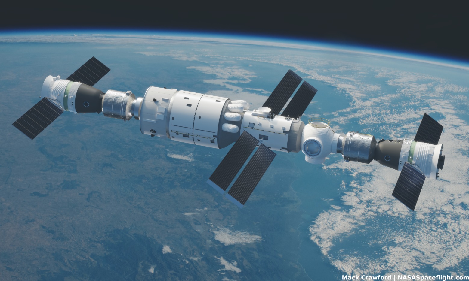 Визуализация основного модуля Tianhe будущей космической станции Tiangong в Китае - через Мака Кроуфорда для NSF / L2