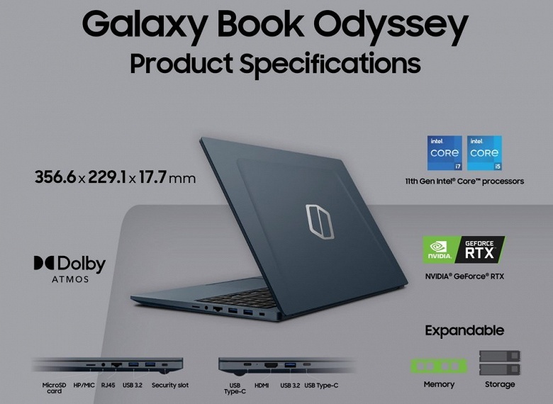 Представлен Samsung Galaxy Book Odyssey –— первый в мире ноутбук с процессорами Intel Tiger Lake-H45 и видеокартой GeForce RTX 3050 Ti