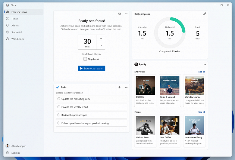 Свежая версия Windows 11 принесла новые &laquo;Часы&raquo; с функцией Focus Sessions