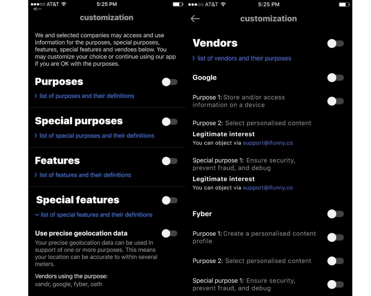 Диалог CMP в iFunny (второй уровень) Диалог CMP в iFunny (второй уровень)