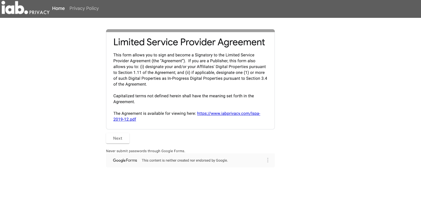 Форма подачи заявки на подписание Limited Service Provider Agreement Форма подачи заявки на подписание Limited Service Provider Agreement