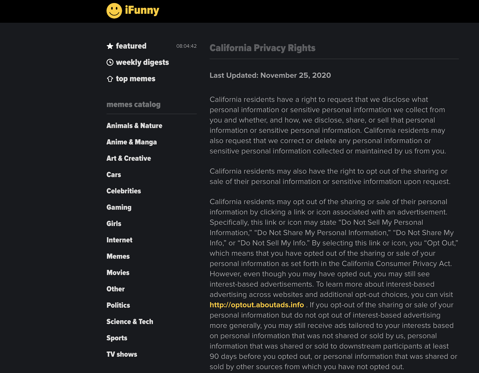 Страничка iFunny, посвященная CCPA Страничка iFunny, посвященная CCPA