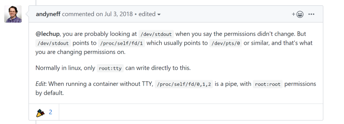 «Но /dev/stdout ссылается на /proc/self/fd/1, который, в свою очередь, обычно ссылается на /dev/pts/0 или нечто подобное. Меняются именно разрешения для этой директории. В Linux, как правило, только root:tty может писать в /dev/stdout напрямую».