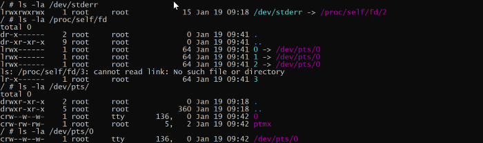Видно, что stdio ссылается на файловые дескрипторы, а файловые дескрипторы ссылаются на нулевой pts