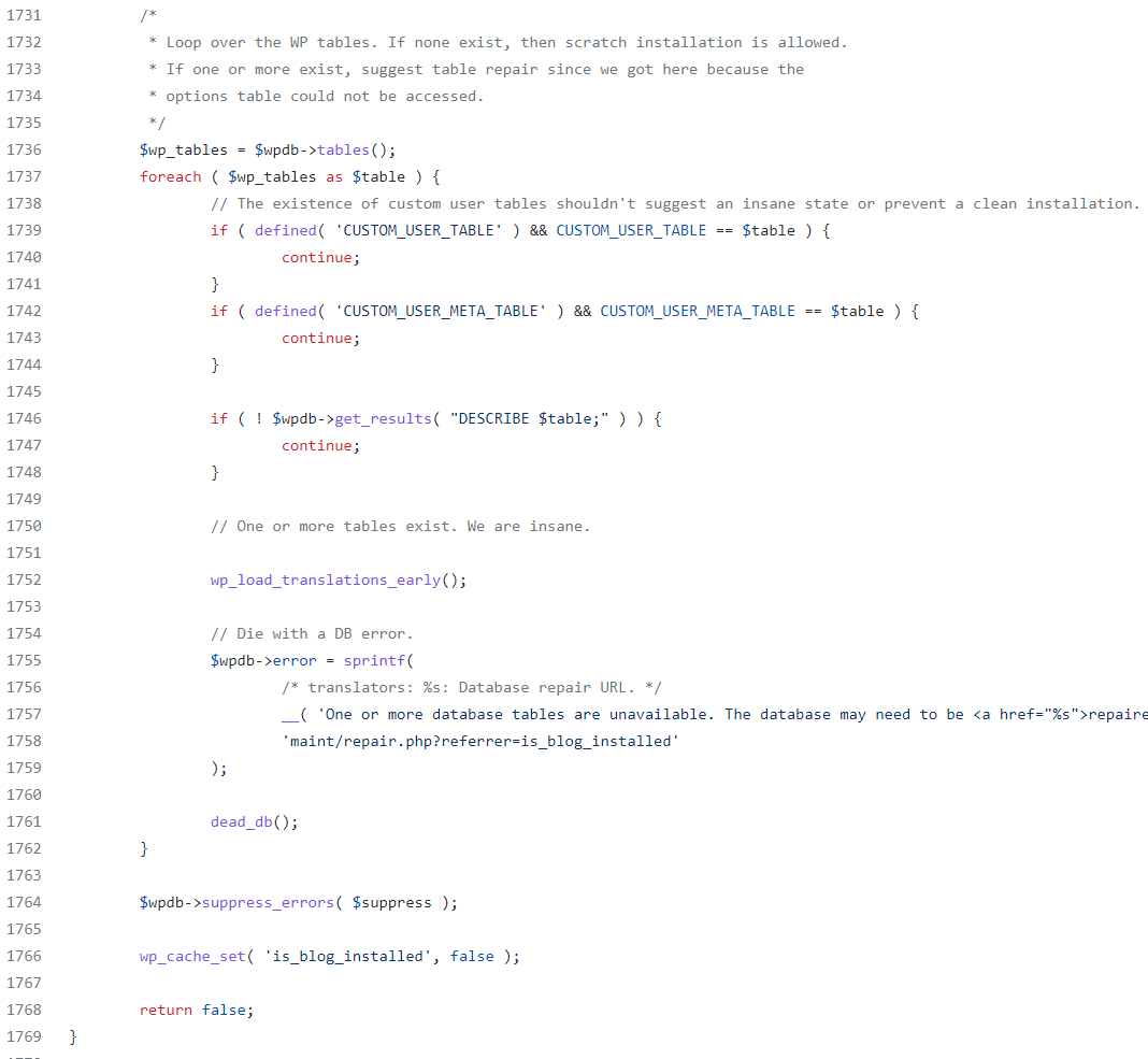 Уязвимый исходный код функции is_blog_installed