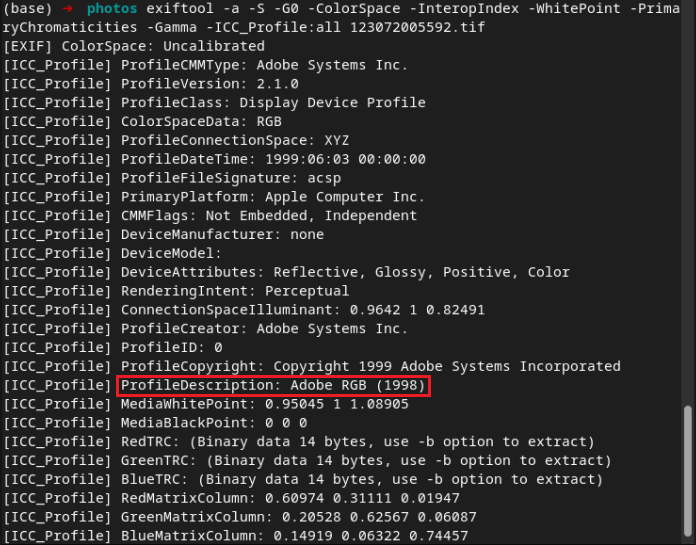 Рис. 1. Пример чтения метаданных из AdobeRGB изображения с помощью exiftool