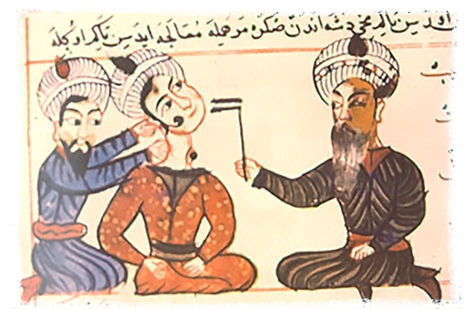 Абу-ль-Касим аз-Захрави (справа) целится в опухоль на шее пациента.