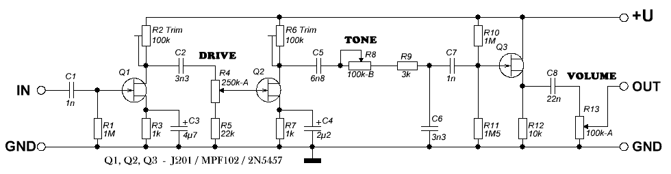 Примерная электрическая принципиальная схема (прототип) дсторшн на полевых транзисторах
