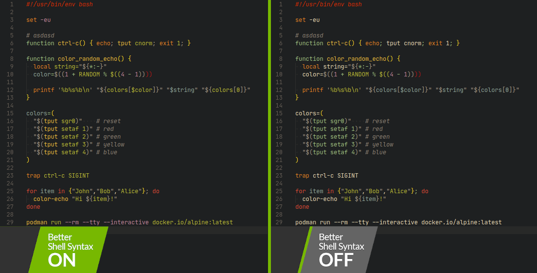 Пример подсветки с использованием Better Shell Syntax и теме оформления Gruvbox