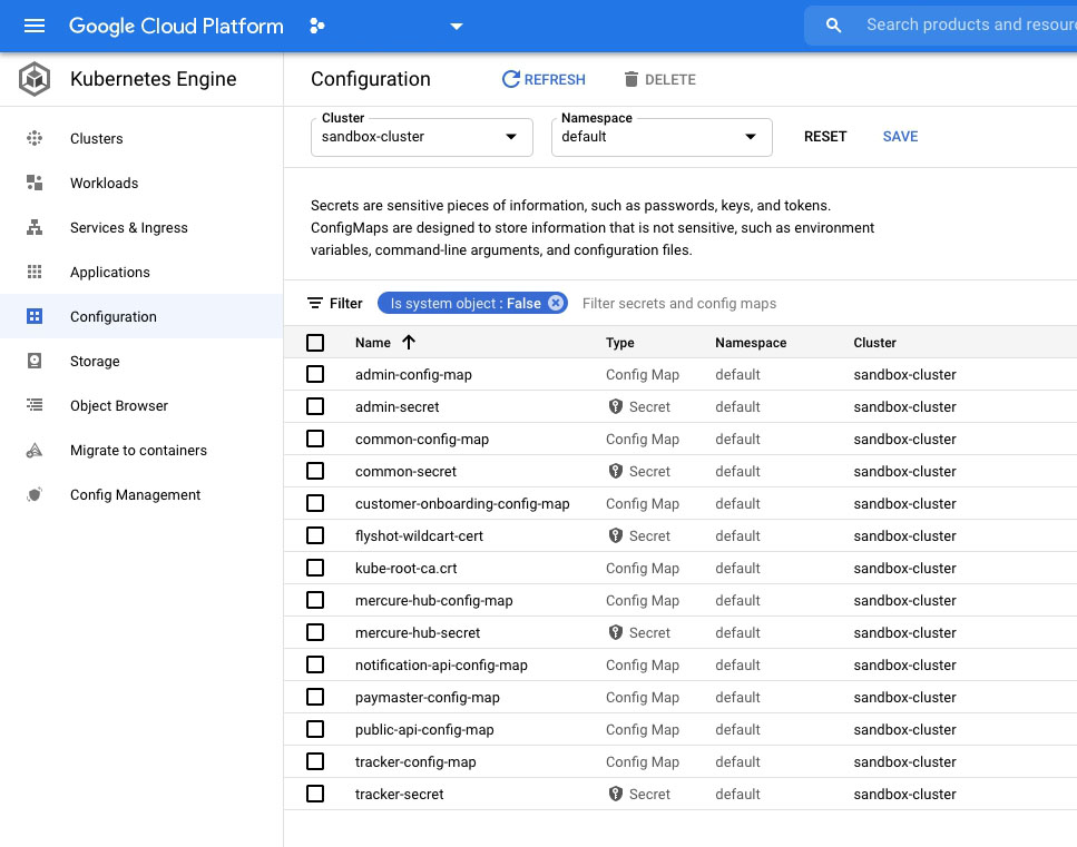 Список конфигурационных объектов в интерфейсе Google Cloud