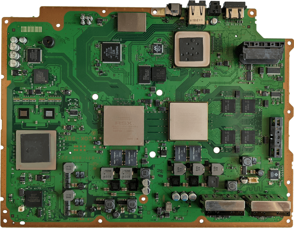 Ревизия материнской платы COK-001 (самая первая), взятая из моей модели CECHA12. Оставшиеся 128 МБ флэш-памяти NAND и разъемы PATA для привода Blu-ray, дочерняя плата Wi-Fi/BT, передняя панель и карт-ридер установлены сзади.