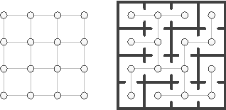Исходный координатный граф и пример лабиринта по дереву в нем