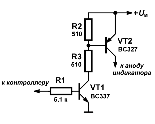 Подключение ключа на биполярных транзисторах для управления анодами