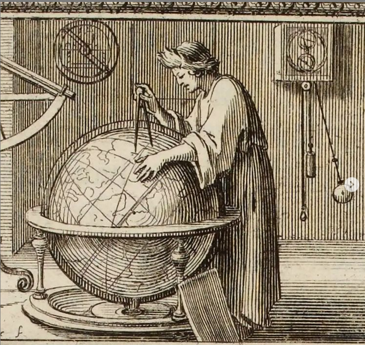 Иллюстрация из книги Ж.Рише, где он описывает свои маятниковые эксперименты. Интерьер астронома: маятниковые часы, астролябия, секстант (вроде бы), глобус.