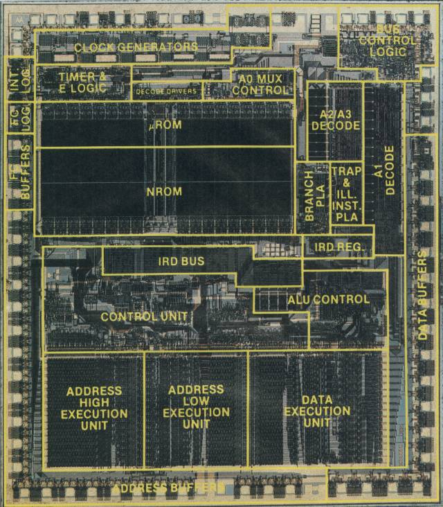 Фиг. 5 Микрофотография MC68000, к микрокоду относятся области NROM & uROM 