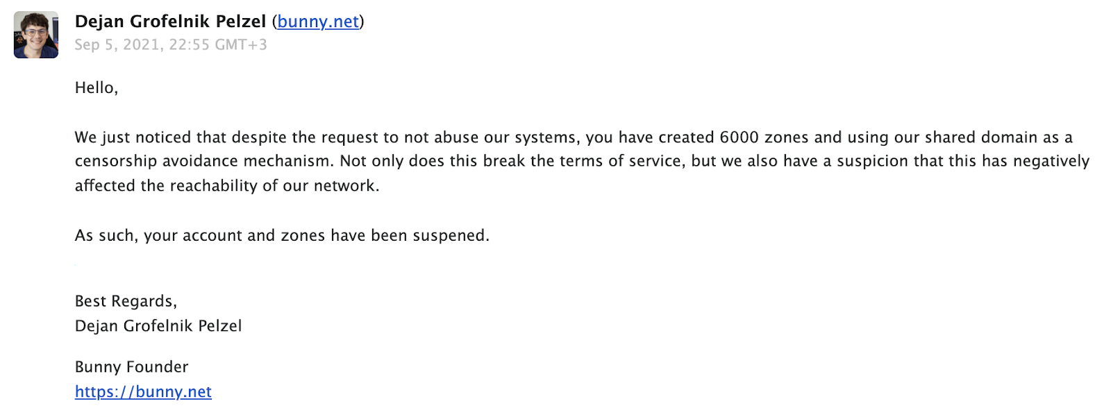 Письмо от основателя Bunny c объяснением причин блокировки аккаунта