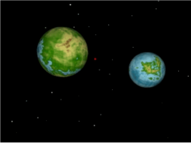 Двойная Земля. Землеподобная планета и примерно такой же естественный спутник обращаются вокруг общего центра масс. Планеты постоянно обращены друг к другу одним и тем же полушарием. Источник: Wikicommons