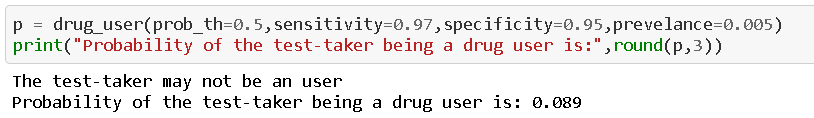 Прошедший тестирование человек может быть не наркоманом.Вероятность, что прошедший тестирование человек является наркоманом: 0,089.