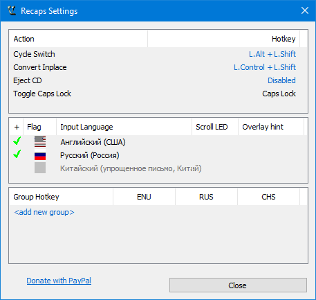 Окно настроек ReCaps. Русский и английский включены, китайский пропускается.