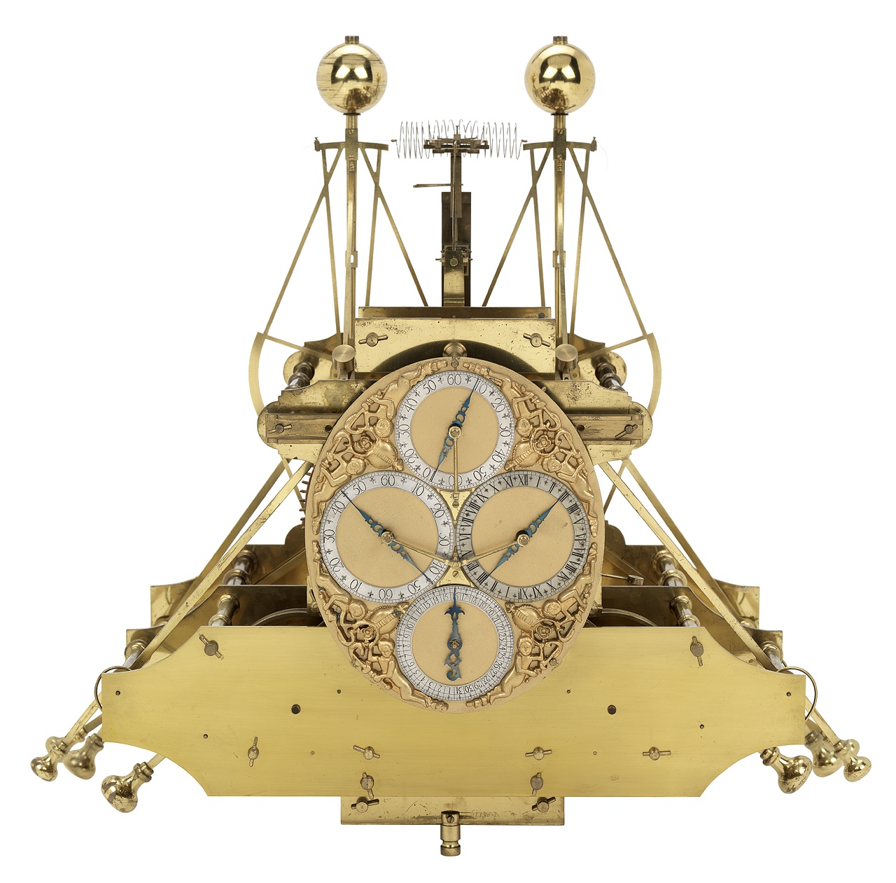 Вот так выглядели первые хронометры Харрисона. Пружинный маятник и масса противовесов. И эта штука занимает целую каюту, подобно первым компьютерам. 