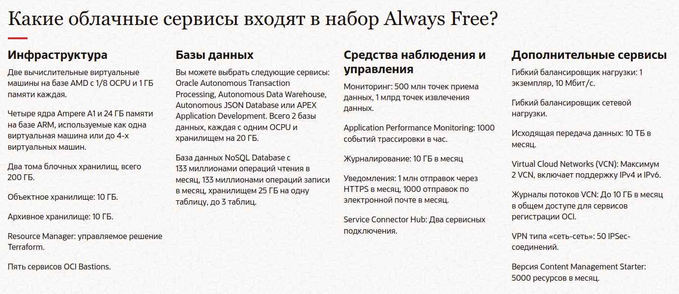 Бесплатные плюшки (https://www.oracle.com/ru/cloud/free/#always-free)