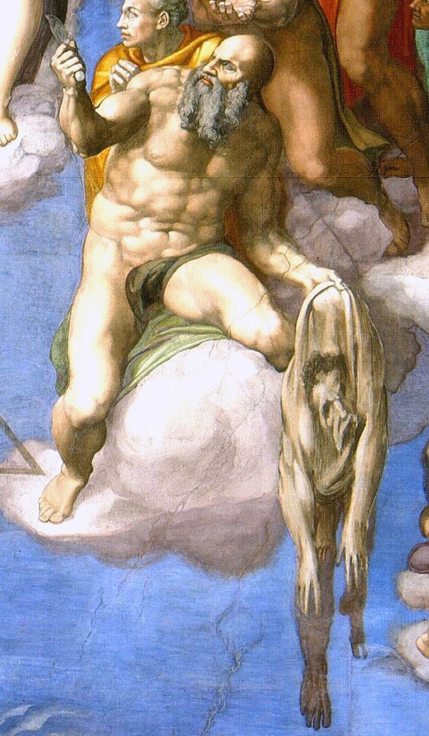 Фрагмент фрески "Страшный Суд" Микеланджело. С ножом изображён Аретино в лице св. Варфоломея, и он держит содранную кожу, на которой, как считается, Микеланджело нарисовал свой автопортрет.