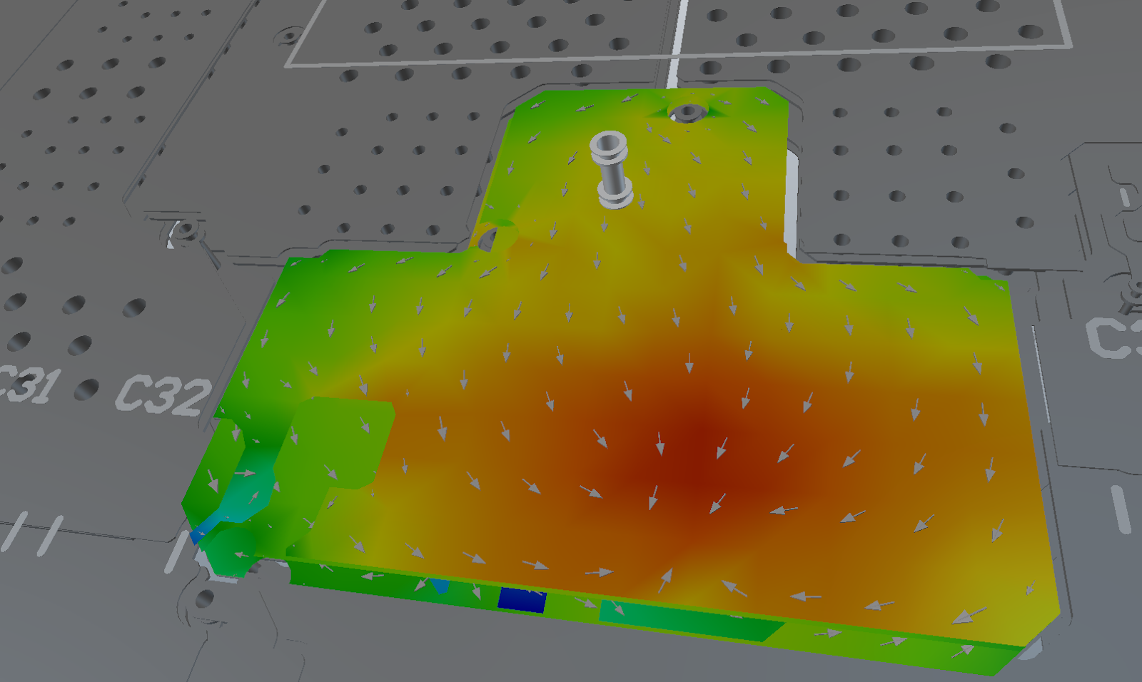 Здесь показана позиция переходного отверстия, через которое потечёт максимальный ток - 6.7А. Вид на нижний слой платы Здесь показана позиция переходного отверстия, через которое потечёт максимальный ток - 6.7А. Вид на нижний слой платы