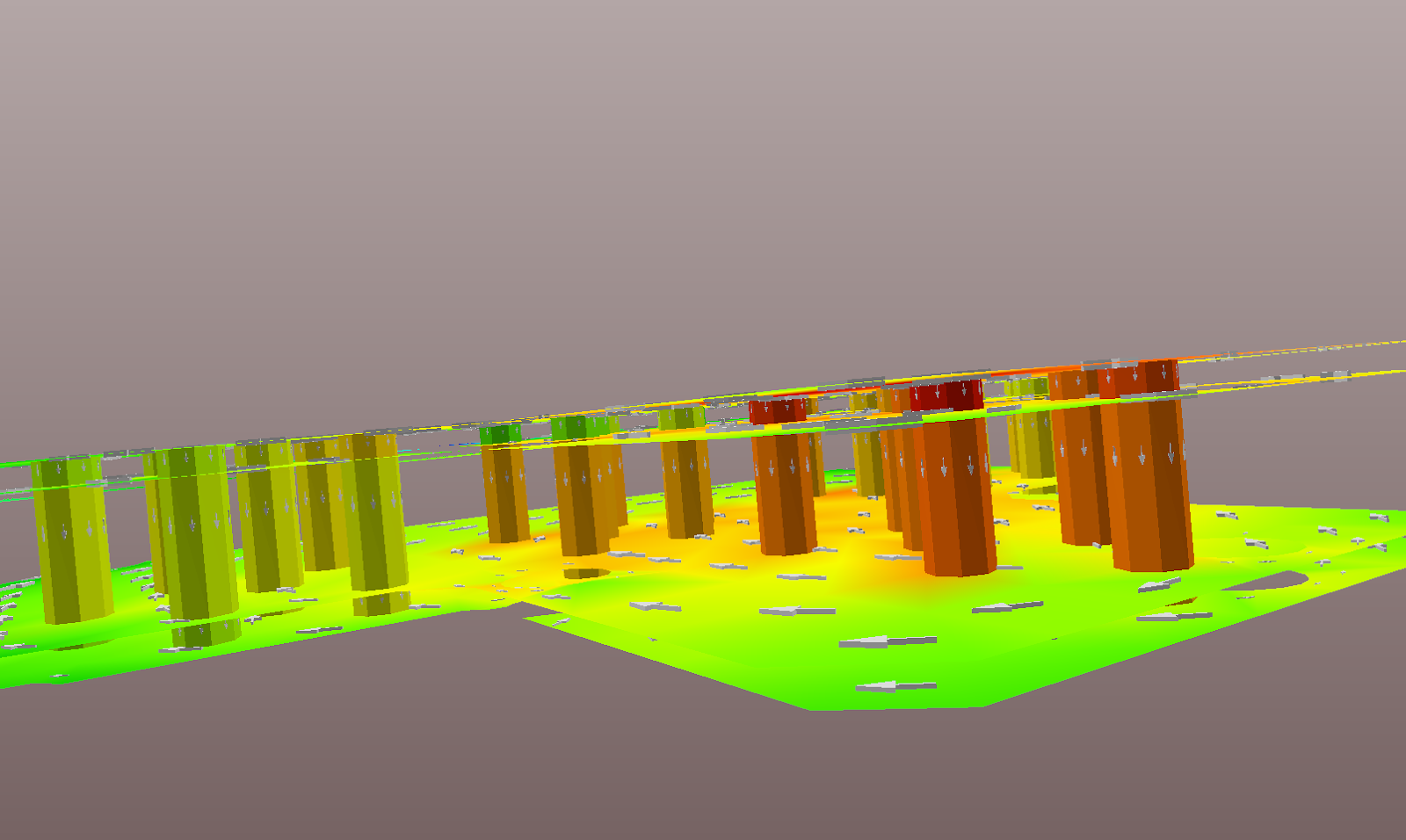 Здесь показан вид внутри платы на переходные отверстия участка. Тёмно-красный означает максимальную плотность тока. Зелёный - минимальную. Здесь показан вид внутри платы на переходные отверстия участка. Тёмно-красный означает максимальную плотность тока. Зелёный - минимальную.