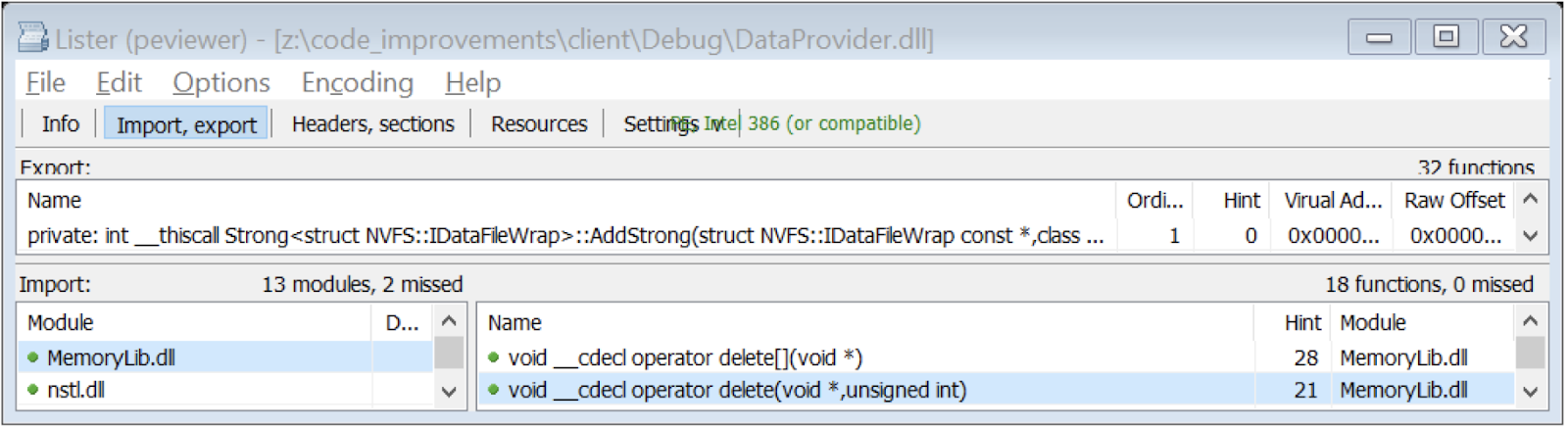 Раздел импорта библиотеки DataProvider.dll (Visual C++ 2019, Debug)