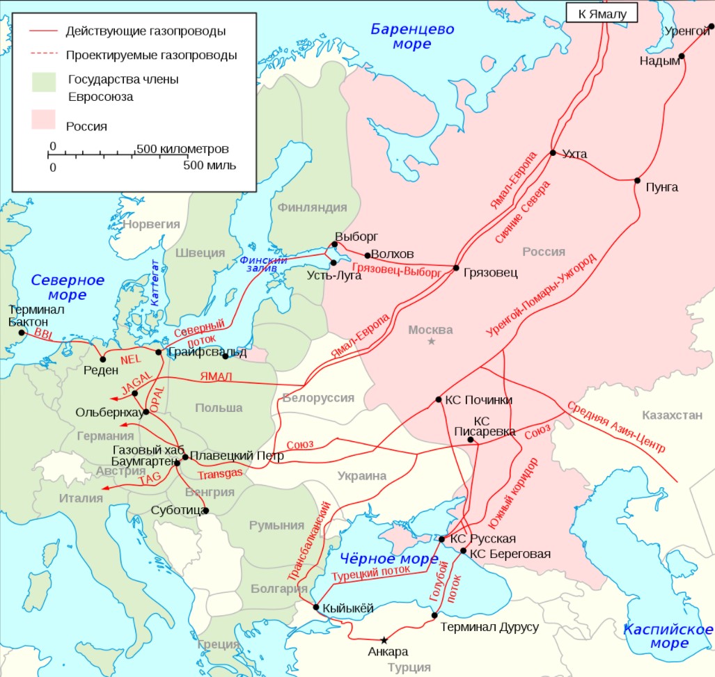 Магистральные газопороводы Газпрома и основные экспортные коридоры в европейской части страны