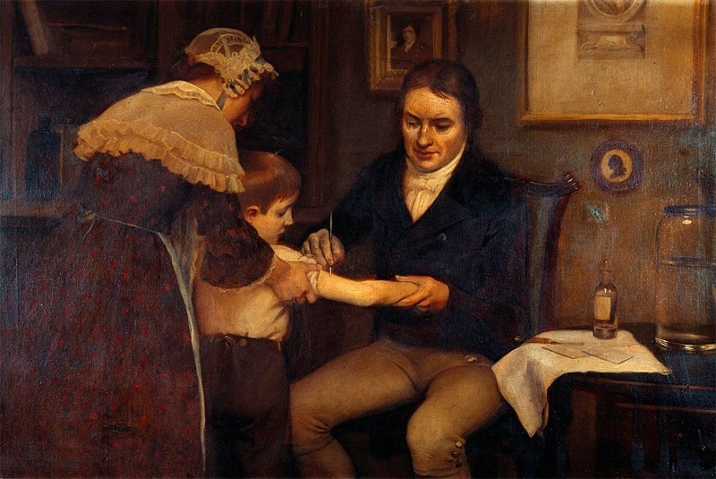 Vaccination: "Dr Jenner performing his first vaccination, on James Phipps, a boy of 8. May 14 1796»