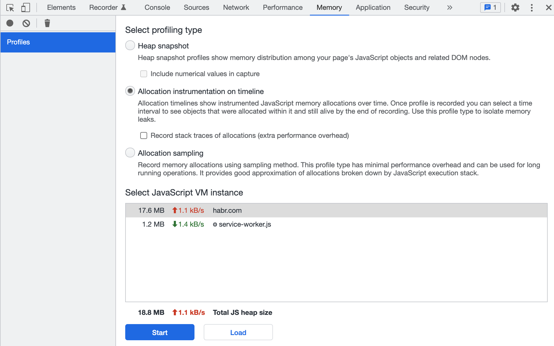 Память в браузерах и в Node.js: ограничения, утечки и нестандартные оптимизации - 9 Allocation timeline initial
