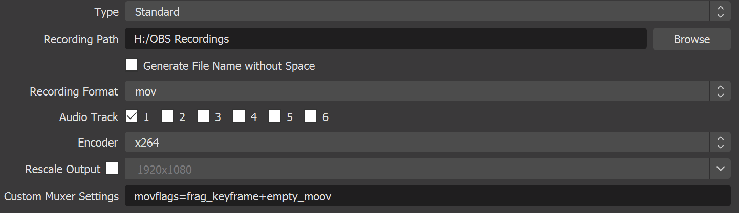 Рис. 27 Настройки записи OBS Рис. 27 Настройки записи OBS