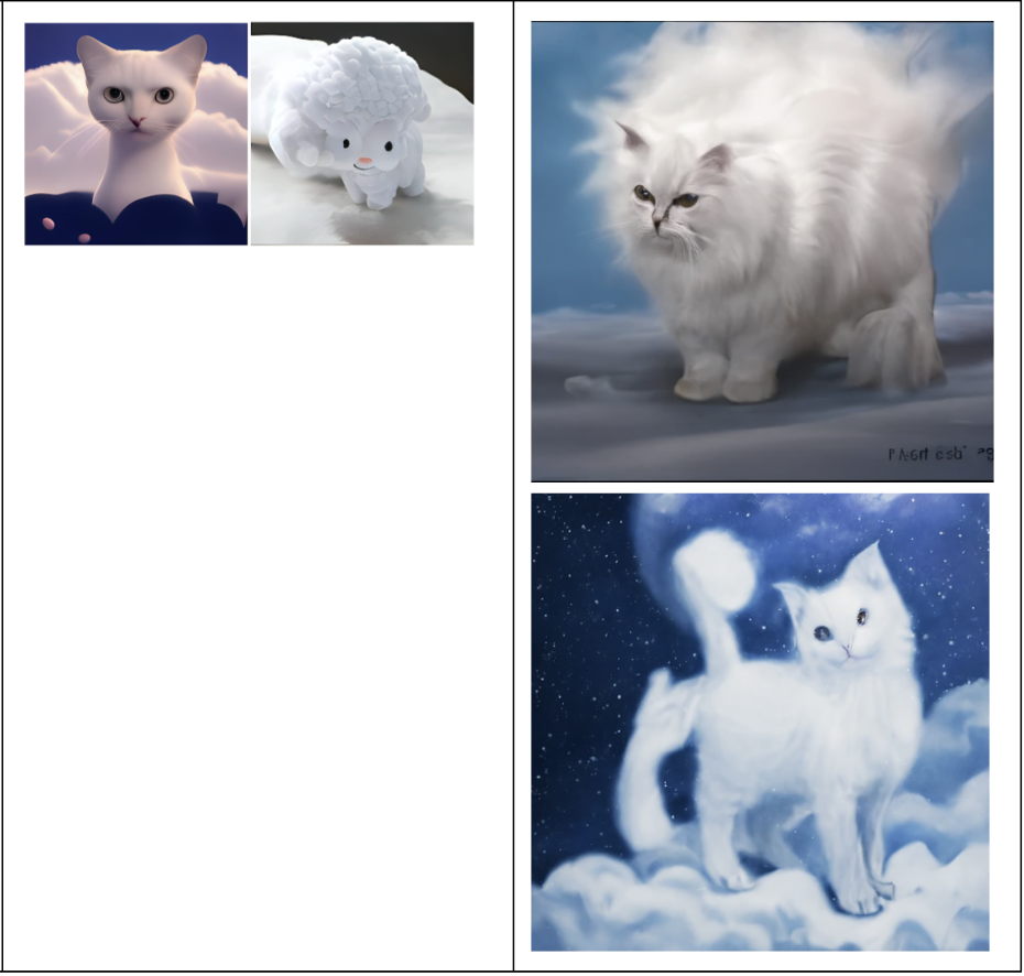 Кошка, которая сделана из белого облака (ruDALL-E XL vs Kandinsky)