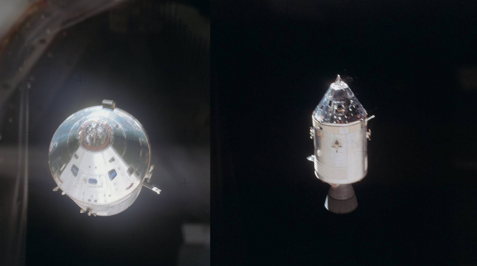 Командный модуль Аполлона-14 завершает полное вращение во время стыковки с лунным модулем